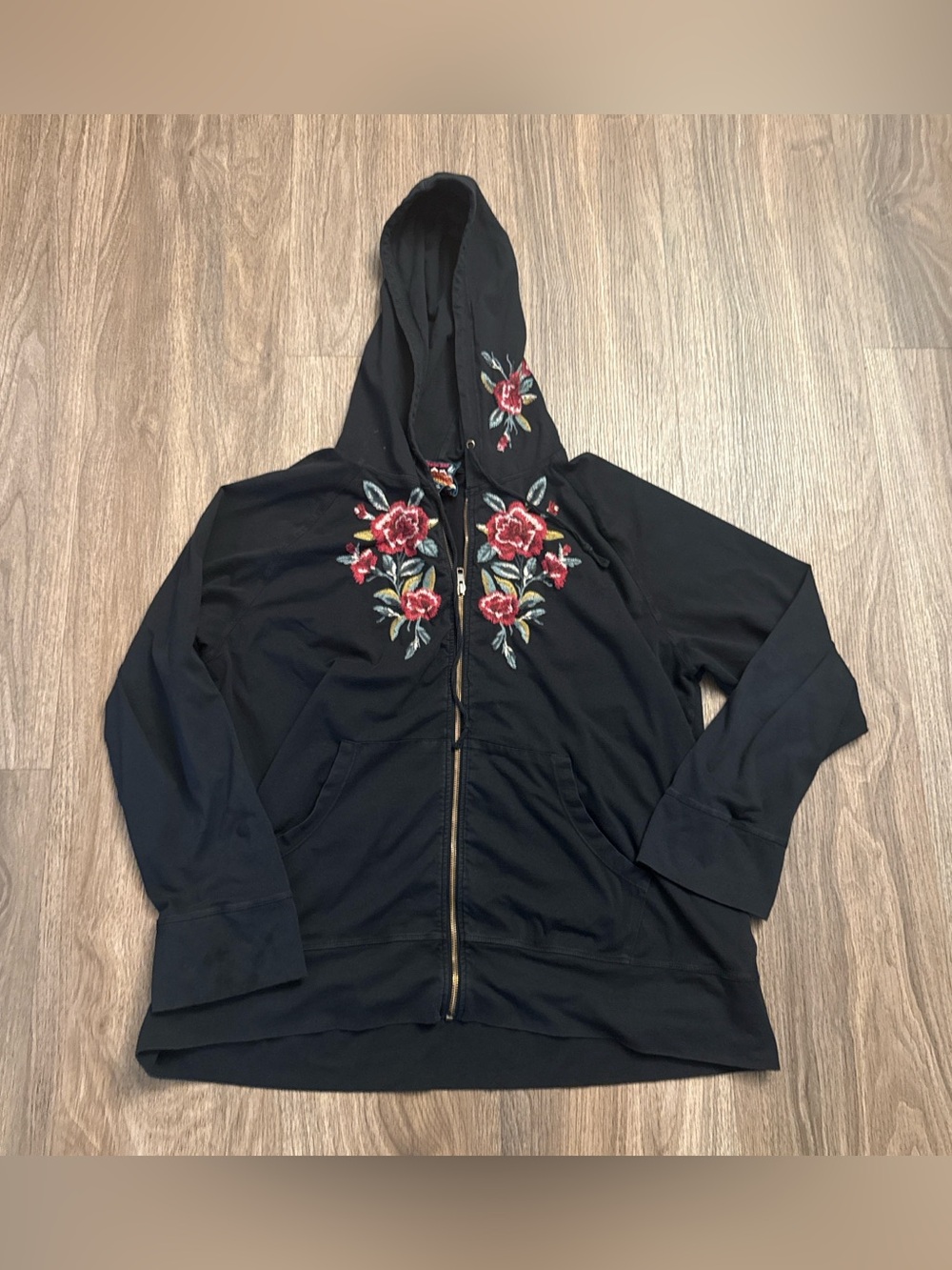 Johnny was Black zip up hoodie with embroidered red & pink floral design